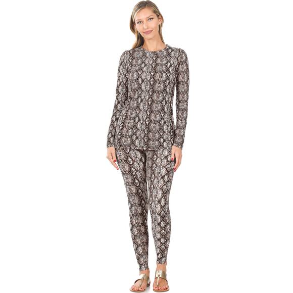 Snakeskin Print Brushed Microfiber Top & Leggings Set (Tan Brown)-Large - Picture 2 of 4